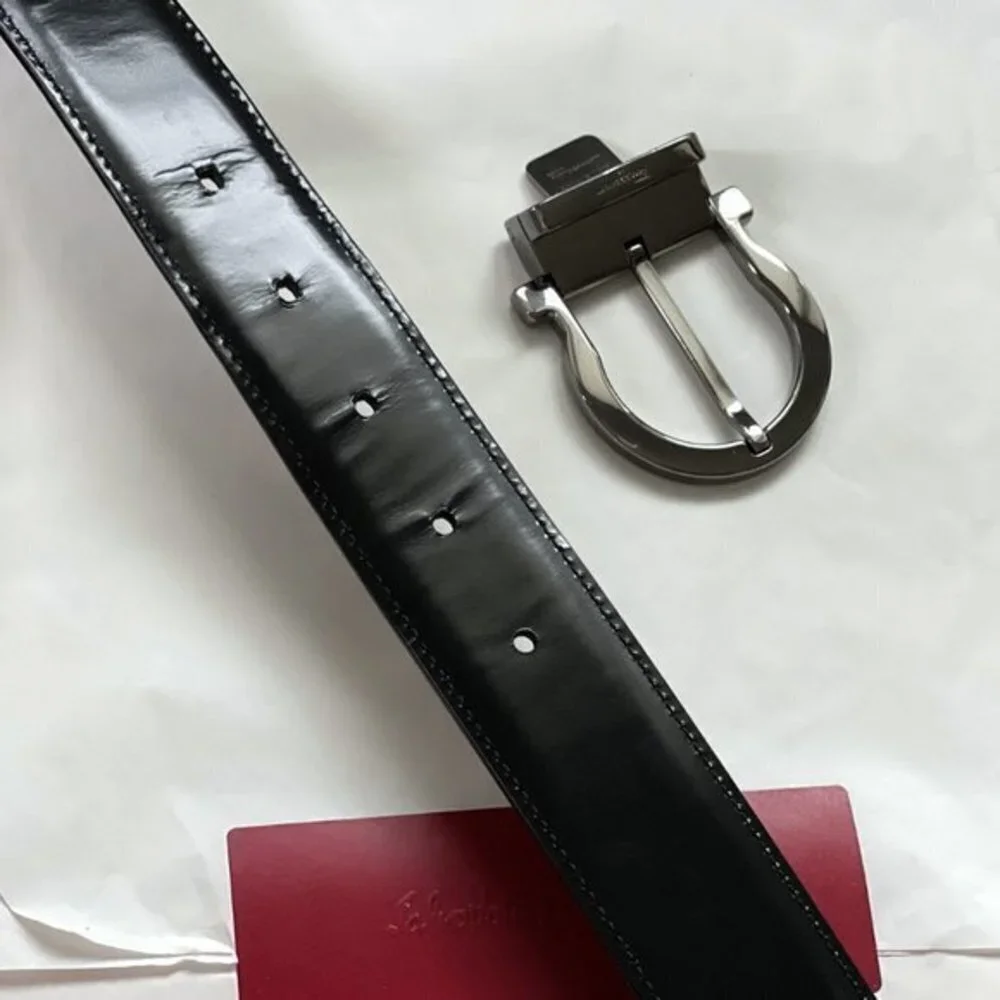 Men's Ferragamo Gancini Reversible Belt with Gunmetal Finish Buckle